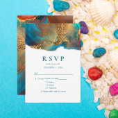Mystical Abstract Blauwgroen Coral Gold Wedding RS RSVP Kaartje