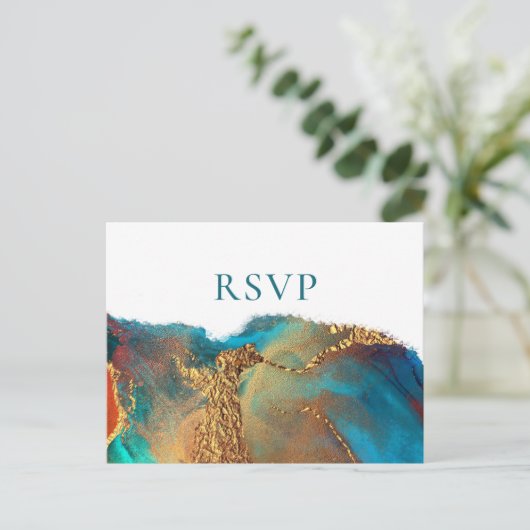 Mystical Abstract Blauwgroen Coral Gold Wedding RS Uitnodiging Briefkaart (Staand voorkant)