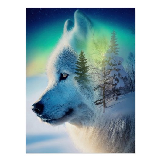 Mystical Arctic Wolf & Aurora Borealis Double Expo Perfect Poster (Voorkant)