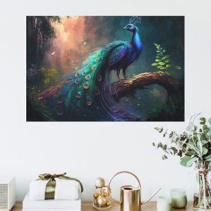 Mystical Beauful Blue Colorful Peacocock in Forest Canvas Afdruk