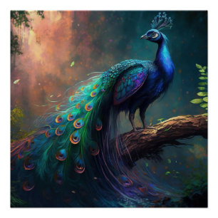 Mystical Beauful Blue Colorful Peacocock in Forest Perfect Poster