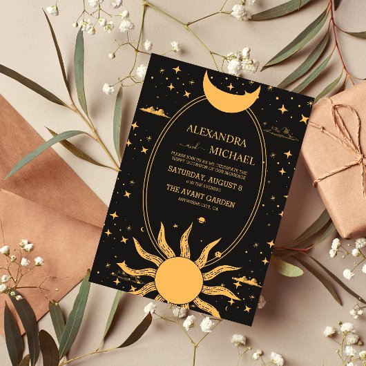 Mystical Black and Gold Sun Moon Wedding Kaart