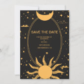 Mystical Black and Gold Sun Moon Wedding Save The Date (Voorkant)