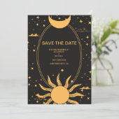 Mystical Black and Gold Sun Moon Wedding Save The Date (Staand voorkant)