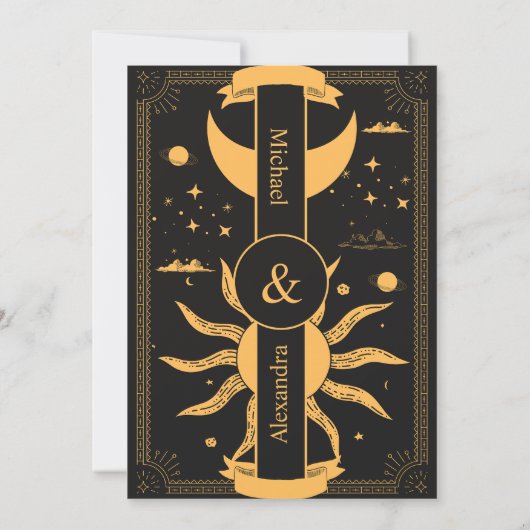 Mystical Black and Gold Sun Moon Wedding Save The Date (Achterkant)