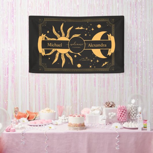 Mystical Black and Gold Sun Moon Wedding Spandoek (Feest)