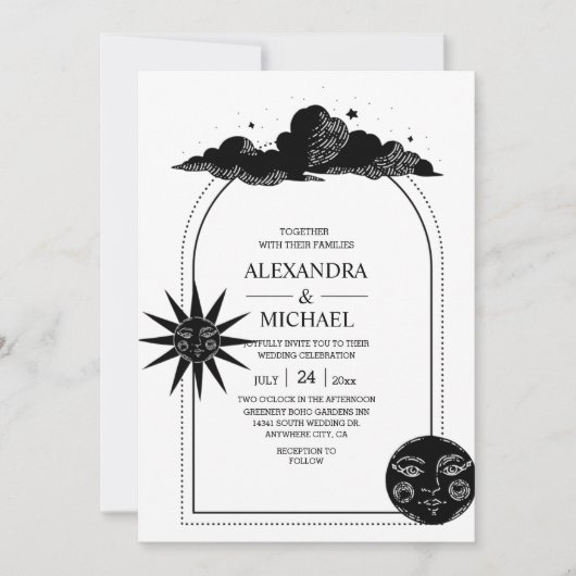 Mystical Black and white Celestial Stars Wedding Kaart (Voorkant)