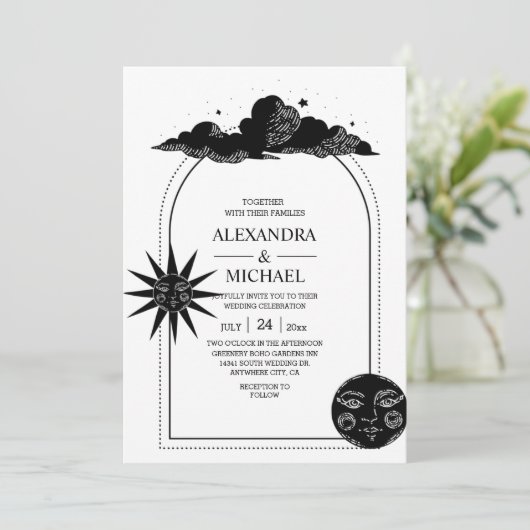 Mystical Black and white Celestial Stars Wedding Kaart (Staand voorkant)