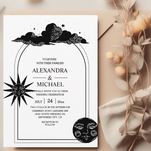 Mystical Black and white Celestial Stars Wedding Kaart