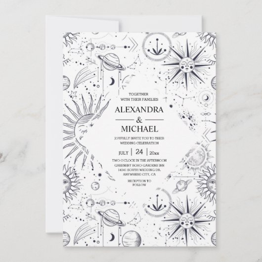 Mystical Black and white Celestial Stars Wedding Kaart (Voorkant)