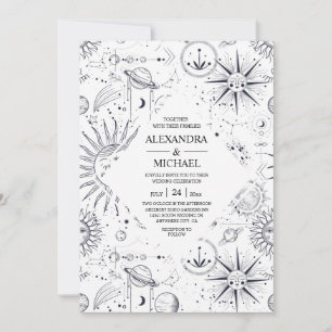 Mystical Black and white Celestial Stars Wedding Kaart