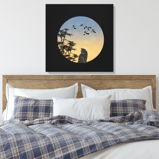 Mystical Black Cat & Bamboo - Japanese Art  Canvas Afdruk (Insitu (Slaapkamer))