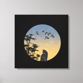 Mystical Black Cat & Bamboo - Japanese Art  Canvas Afdruk