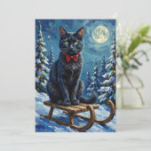 Mystical Black Cat Enchanted Winter Sled Christmas Feestdagenkaart (Staand voorkant)