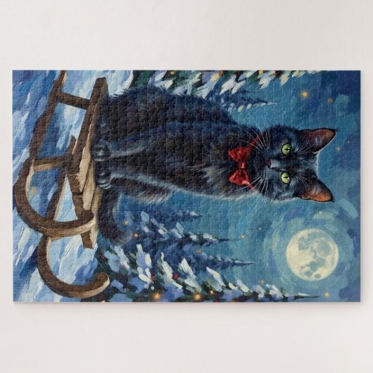 Mystical Black Cat Enchanted Winter Sled Christmas Legpuzzel (Horizontaal)