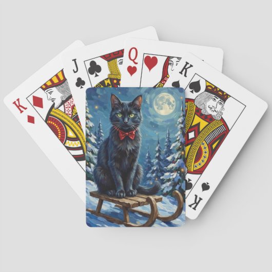 Mystical Black Cat Enchanted Winter Sled Christmas Pokerkaarten (Achterkant)