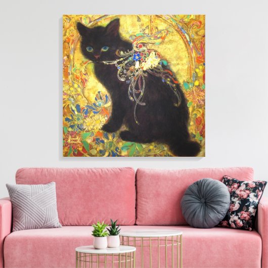 Mystical Black Cat in Golden Nihonga Canvas Afdruk (Insitu (Woonkamer))