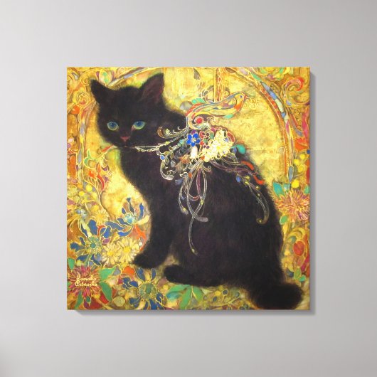 Mystical Black Cat in Golden Nihonga Canvas Afdruk (Voorkant)