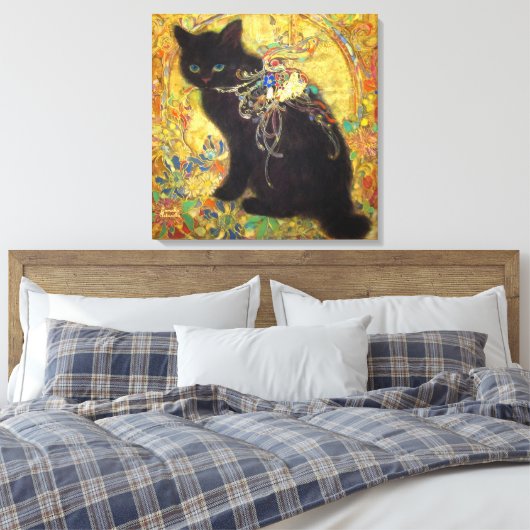 Mystical Black Cat in Golden Nihonga Canvas Afdruk (Insitu (Slaapkamer))