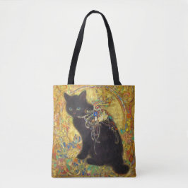 Mystical Black Cat in Golden Nihonga Tote Bag