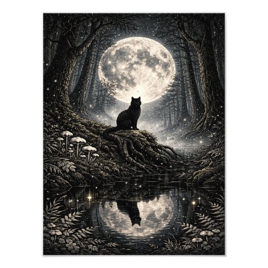Mystical Black Cat Under Full Moon Forest Poster (Voorkant)