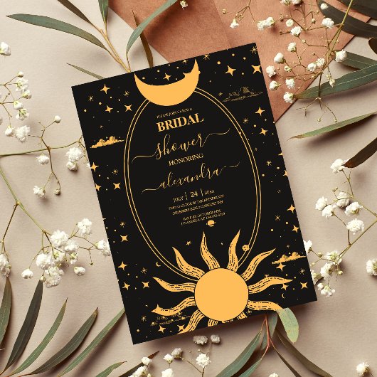 Mystical Black en Gold Sun Moon Bridal Kaart