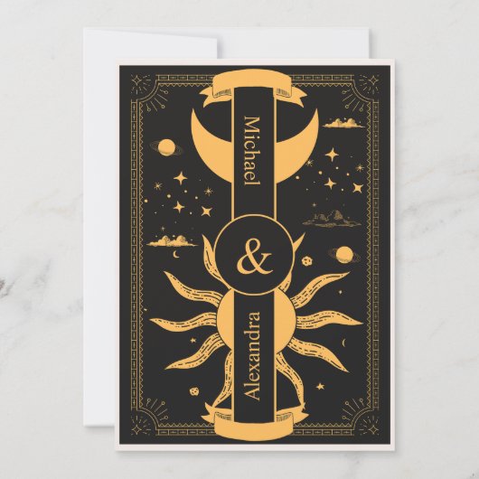 Mystical Black en Gold Sun Moon Verloving Kaart (Achterkant)
