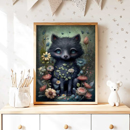 Mystical Black Fox Nursery Wall Art Print | Fox
