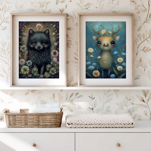 Mystical Black Fox Nursery Wall Art Print | Fox