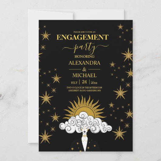 Mystical Black Gold Celestial Engagement Party Kaart (Voorkant)