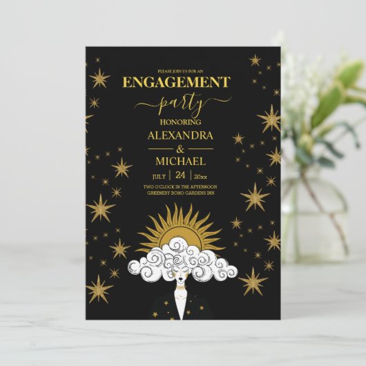Mystical Black Gold Celestial Engagement Party Kaart (Staand voorkant)