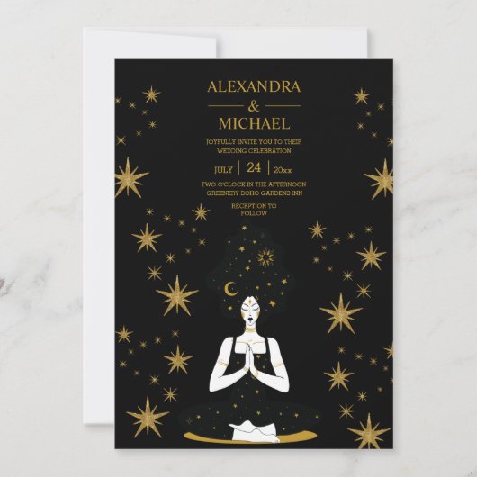 Mystical Black Gold Celestial Moon Wedding Invitat Kaart (Voorkant)