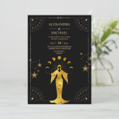 Mystical Black Gold Celestial Moon Wedding Invitat Kaart (Staand voorkant)
