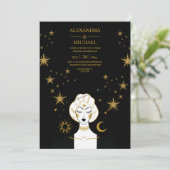 Mystical Black Gold Celestial Moon Wedding Kaart (Staand voorkant)