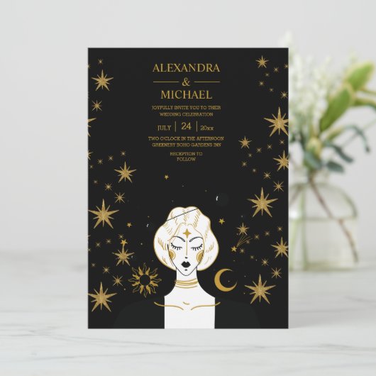 Mystical Black Gold Celestial Moon Wedding Kaart (Staand voorkant)
