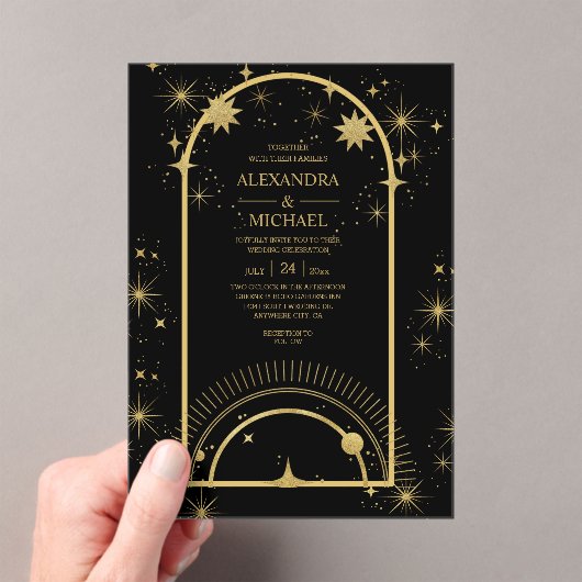 Mystical Black Gold Celestial Stars Wedding Acryl Uitnodigingen (Insitu (Draagbaar))