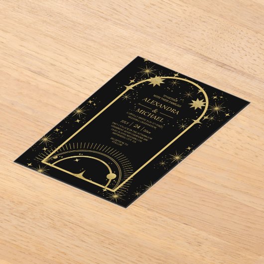 Mystical Black Gold Celestial Stars Wedding Acryl Uitnodigingen (Laagn)