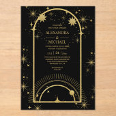 Mystical Black Gold Celestial Stars Wedding Acryl Uitnodigingen (Voorkant)