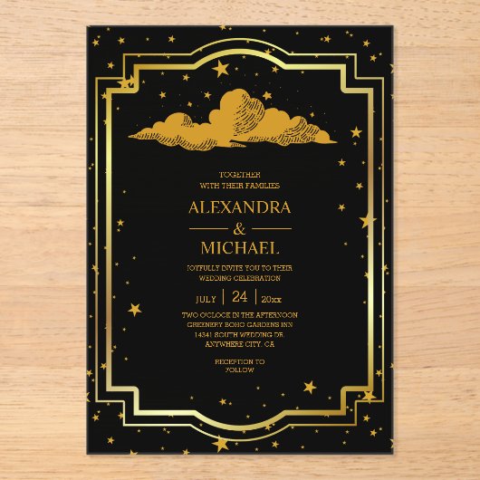 Mystical Black Gold Celestial Stars Wedding Acryl Uitnodigingen (Voorkant)