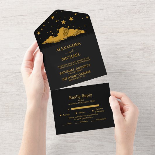 Mystical Black Gold Celestial Stars Wedding All In One Uitnodiging (Afscheurbaar)