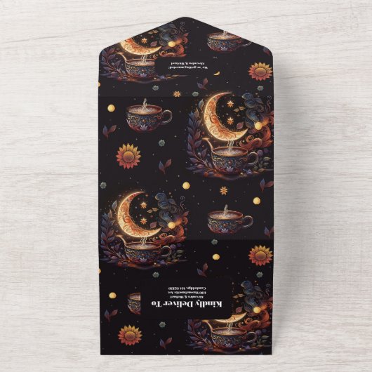 Mystical Black Gold Celestial Stars Wedding All In One Uitnodiging (Buitenkant)