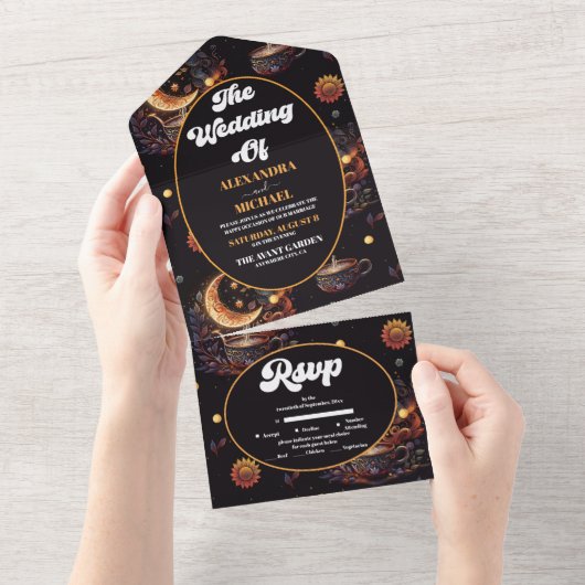 Mystical Black Gold Celestial Stars Wedding All In One Uitnodiging (Afscheurbaar)