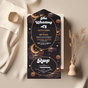 Mystical Black Gold Celestial Stars Wedding All In One Uitnodiging