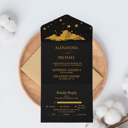Mystical Black Gold Celestial Stars Wedding All In One Uitnodiging