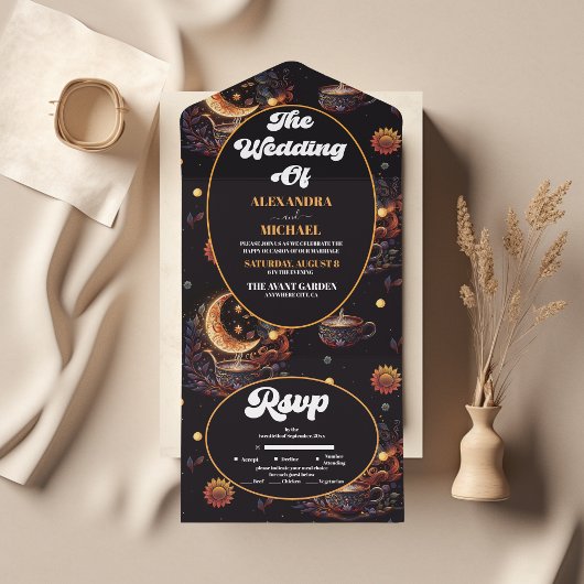 Mystical Black Gold Celestial Stars Wedding All In One Uitnodiging