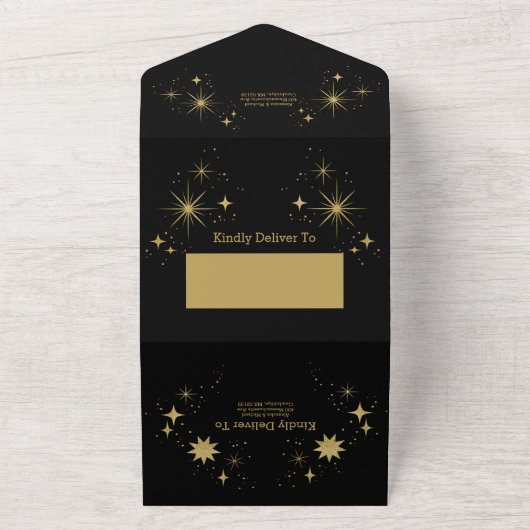Mystical Black Gold Celestial Stars Wedding All In One Uitnodiging (Buitenkant)