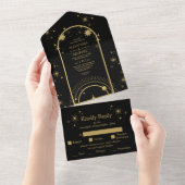 Mystical Black Gold Celestial Stars Wedding All In One Uitnodiging (Afscheurbaar)