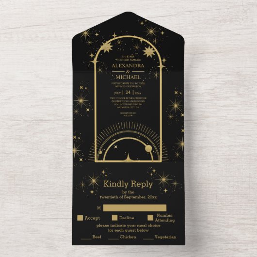Mystical Black Gold Celestial Stars Wedding All In One Uitnodiging (Binnen)