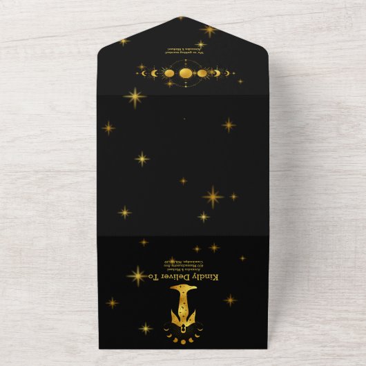 Mystical Black Gold Celestial Stars Wedding All In One Uitnodiging (Buitenkant)