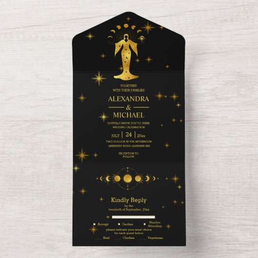 Mystical Black Gold Celestial Stars Wedding All In One Uitnodiging (Binnen)